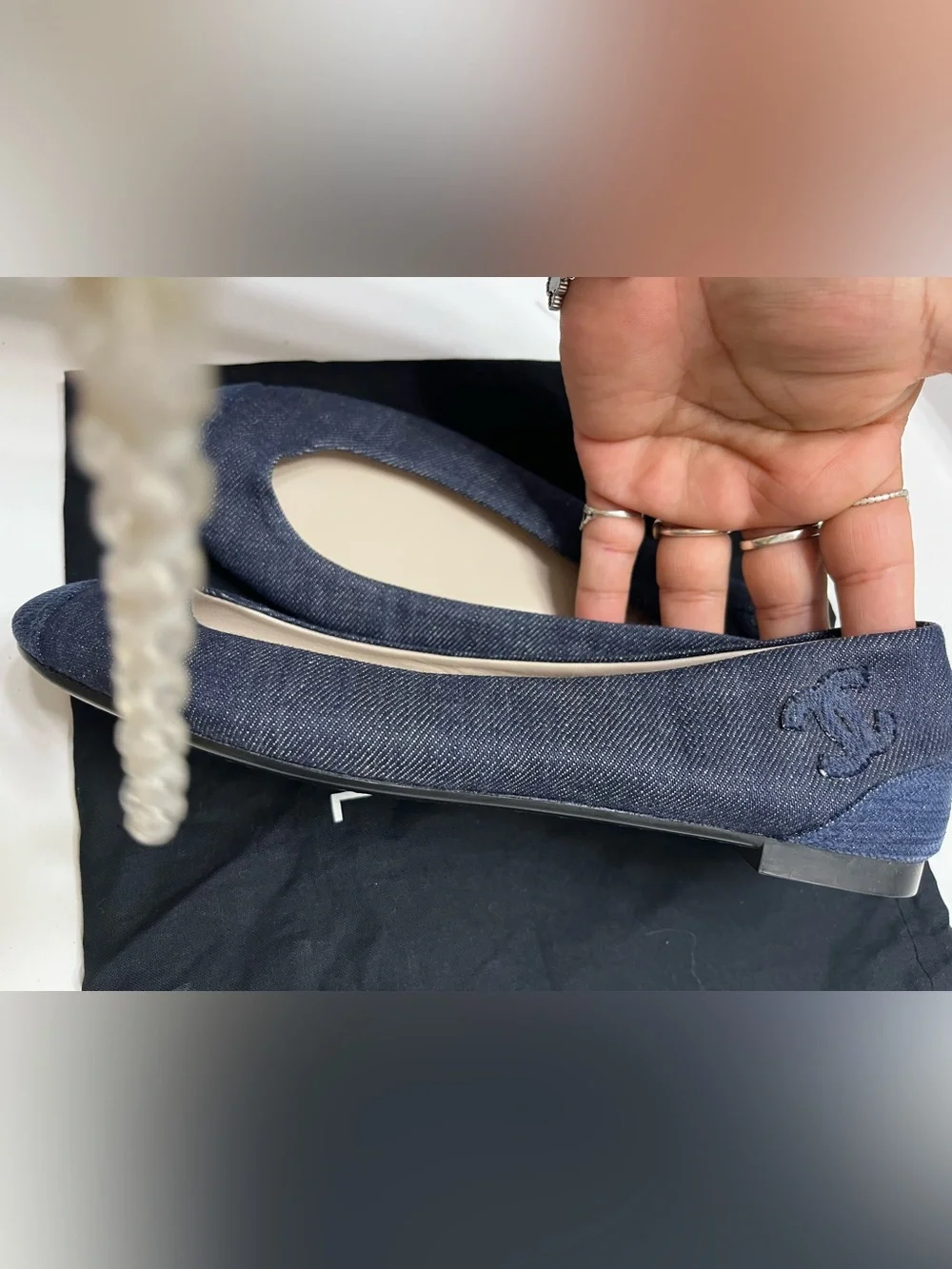 CHANEL Navy Denim Round-Toe Flat Pump
